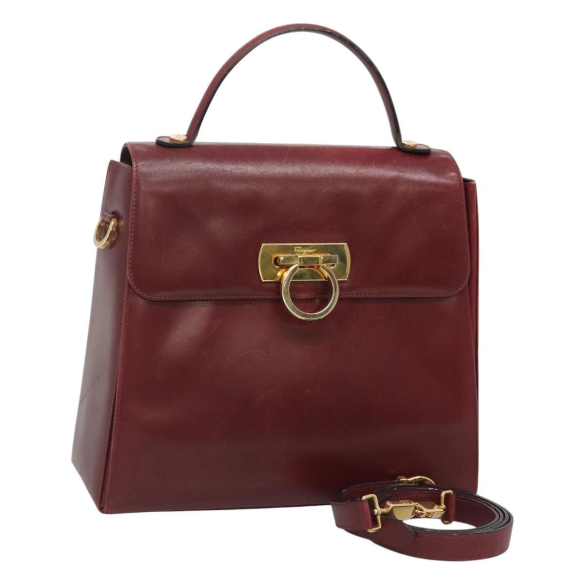 Salvatore Ferragamo Hand Bag Leather 2way Bordeaux Gold Auth Hk2490